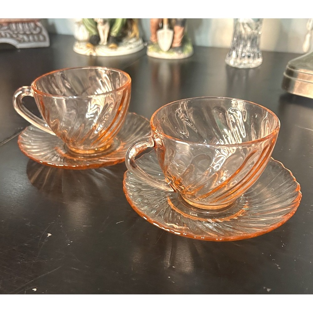 French Pink Swirl Glass Teacup Saucer Set 2 Vintage Tea Cups